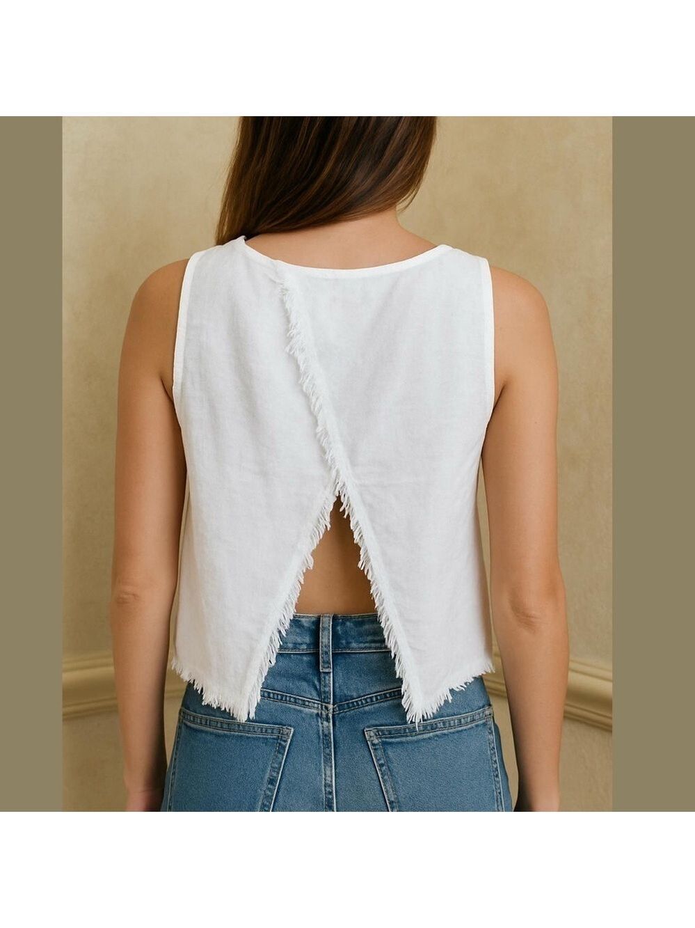 Indigo Rein linen blend crop top with open split back & raw freight hem white L